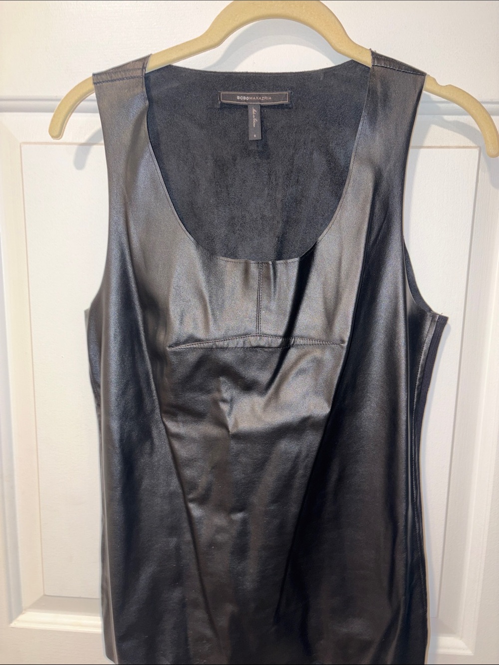 BCBG Maxazria Black Faux Leather Scoop Neck Tank